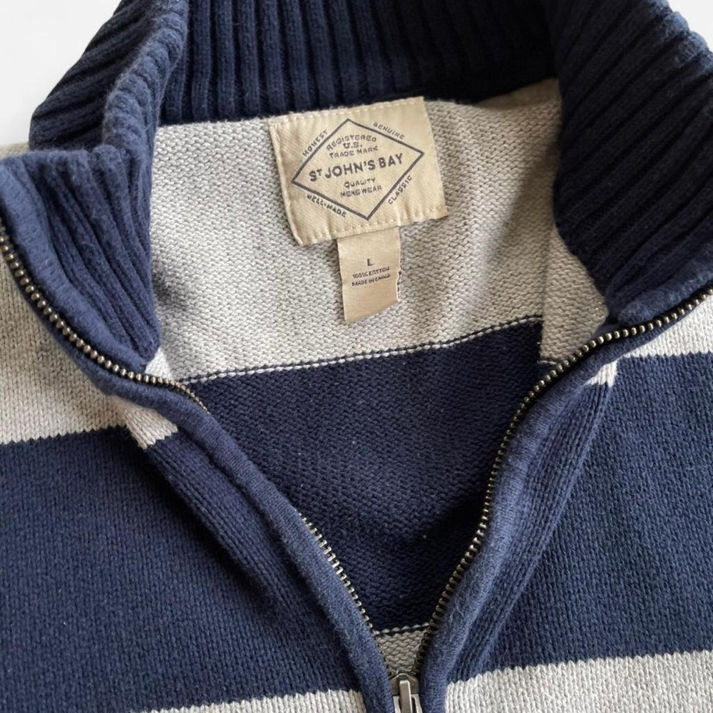 Navy Blue & Grey Striped Quarter Zip Mockneck Cotton Knit Sweater St. John’s Bay - Picture 3 of 5